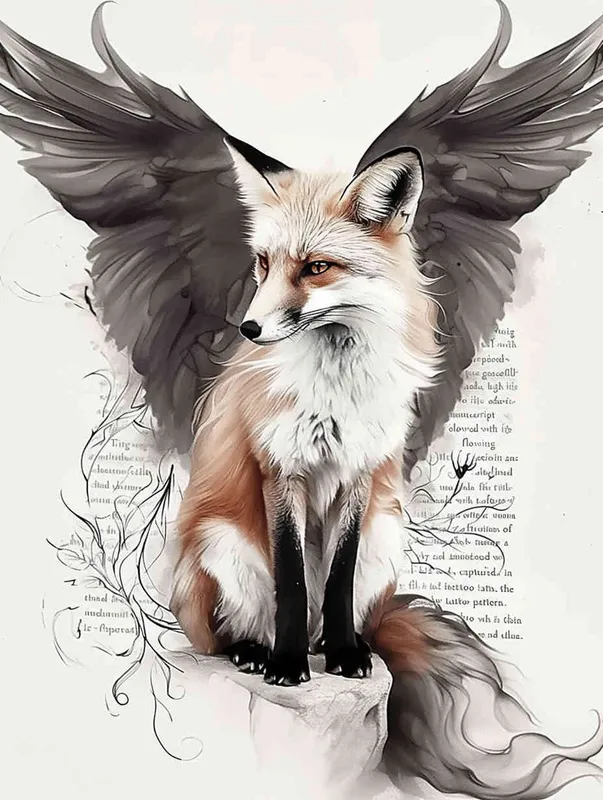 Fox with wings, sitting upright with head up, squatting on a stone, tattooed manuscript in ink and wash style, flat style, tattoo pattern, clear lines, fox should not be painted in three dimensions, freehand ink and wash style, black and white - style4部分