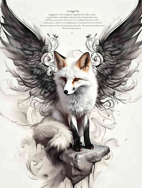 Fox with wings, sitting upright with head up, squatting on a stone, tattooed manuscript in ink and wash style, flat style, tattoo pattern, clear lines, fox should not be painted in three dimensions, freehand ink and wash style, black and white - style1部分