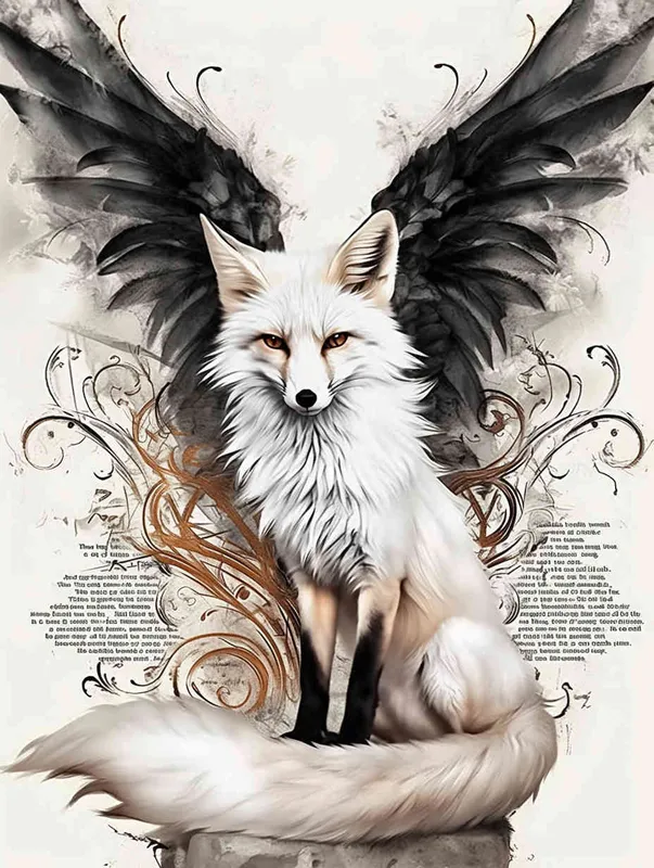 Fox with wings, sitting upright with head up, squatting on a stone, tattooed manuscript in ink and wash style, flat style, tattoo pattern, clear lines, fox should not be painted in three dimensions, freehand ink and wash style, black and white - style2部分
