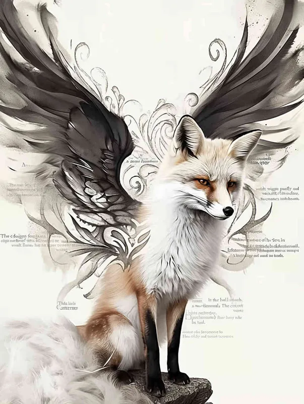 Fox with wings, sitting upright with head up, squatting on a stone, tattooed manuscript in ink and wash style, flat style, tattoo pattern, clear lines, fox should not be painted in three dimensions, freehand ink and wash style, black and white - style3部分