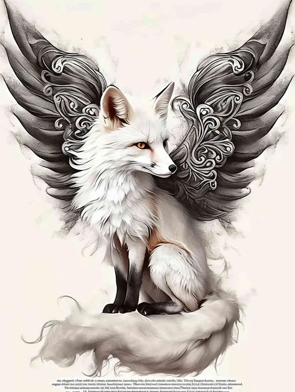 Fox with wings, sitting upright with head up, squatting on a stone, tattooed manuscript in ink and wash style, flat style, tattoo pattern, clear lines, fox should not be painted in three dimensions, freehand ink and wash style, black and white - style4部分