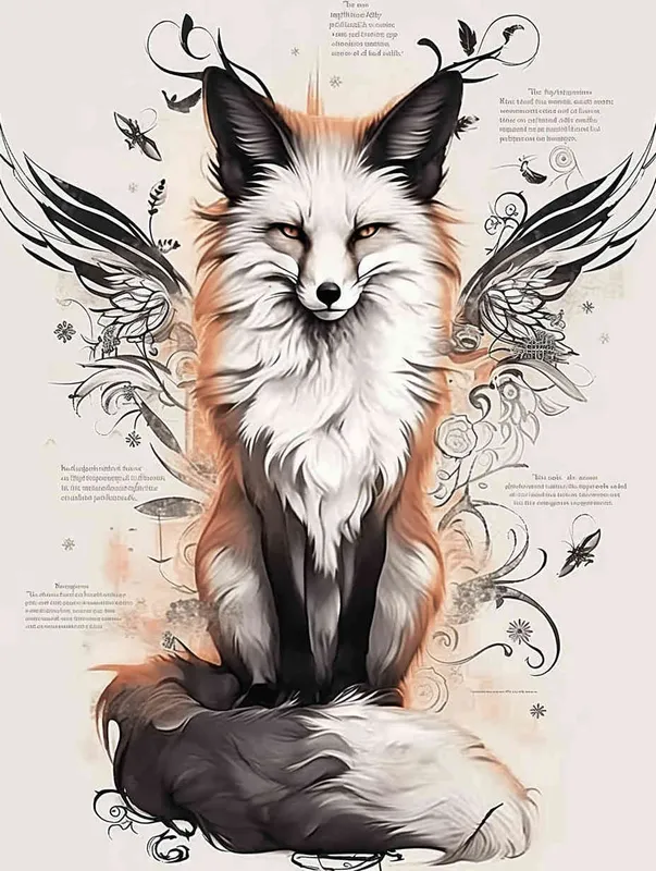 Fox with wings, sitting upright with head up, crouching on a stone, tattooed manuscript, ink style, flat style, tattoo pattern, clear lines, fox must be flat, freehand ink style, black and white - style1部分