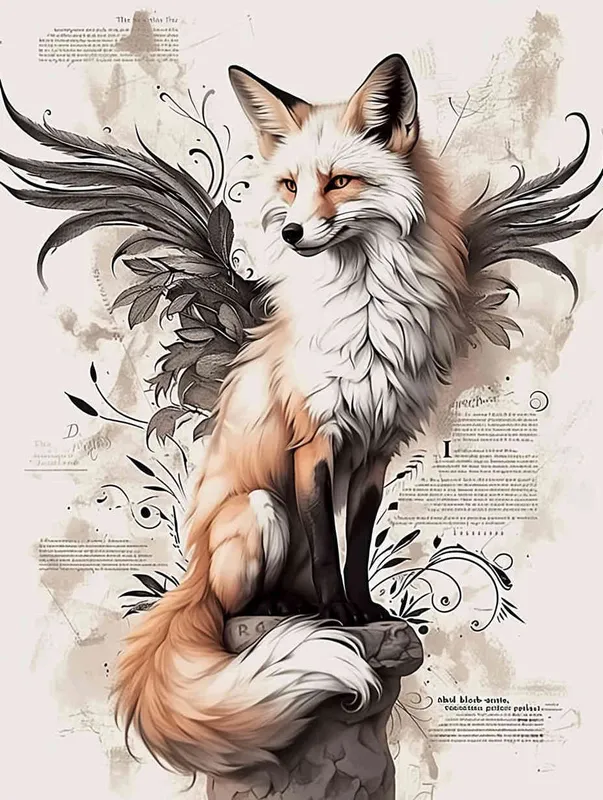 Fox with wings, sitting upright with head up, crouching on a stone, tattooed manuscript, ink style, flat style, tattoo pattern, clear lines, fox must be flat, freehand ink style, black and white - style2部分