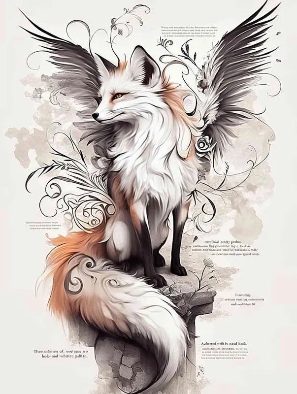Fox with wings, sitting upright with head up, crouching on a stone, tattooed manuscript, ink style, flat style, tattoo pattern, clear lines, fox must be flat, freehand ink style, black and white - style4部分