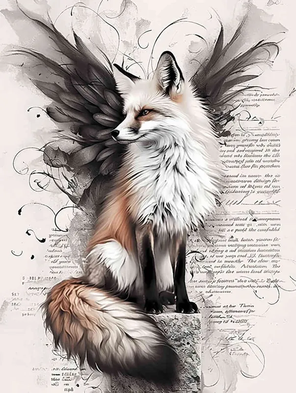 Fox with wings, sitting upright with head up, crouching on a stone, tattooed manuscript, ink style, flat style, tattoo pattern, clear lines, fox must be flat, freehand ink style, black and white - style2部分