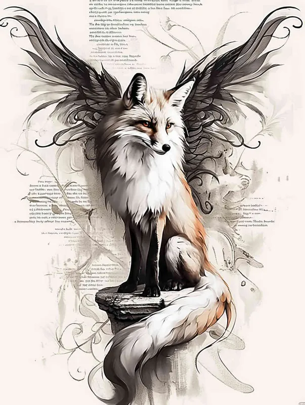 Fox with wings, sitting upright with head up, crouching on a stone, tattooed manuscript, ink style, flat style, tattoo pattern, clear lines, fox must be flat, freehand ink style, black and white - style3部分