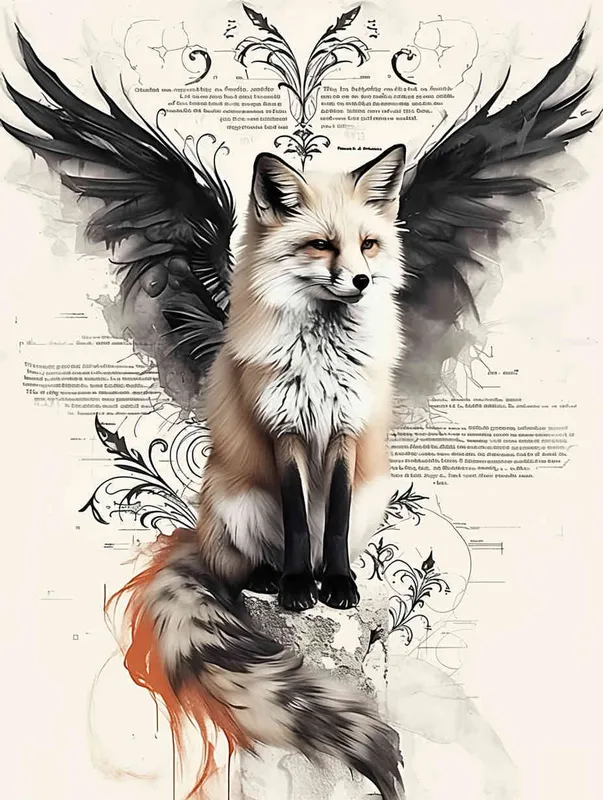 Fox with wings, sitting upright with head up, crouching on a stone, tattooed manuscript, ink style, flat style, tattoo pattern, clear lines, fox must be flat, freehand ink style, black and white - style4部分