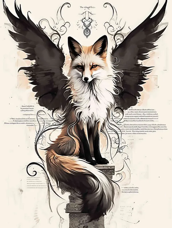 Fox with wings, sitting upright with head up, crouching on a stone, tattooed manuscript, ink style, flat style, tattoo pattern, clear lines, fox must be flat, freehand ink style, black and white - AI绘画作品展示 | Midjourney中文版生成