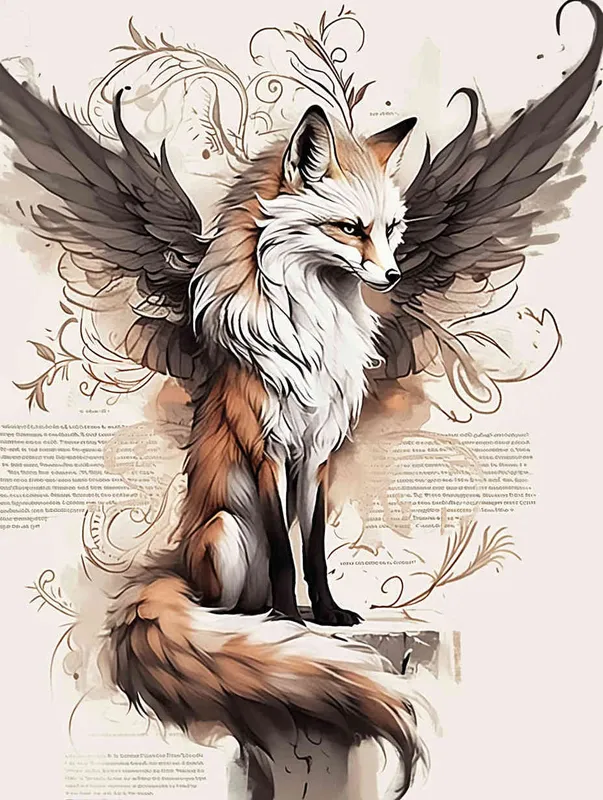 Fox with wings, sitting upright with head up, crouching on a stone, tattooed manuscript, ink style, flat style, tattoo pattern, clear lines, fox must be flat, freehand ink style, black and white - style2部分