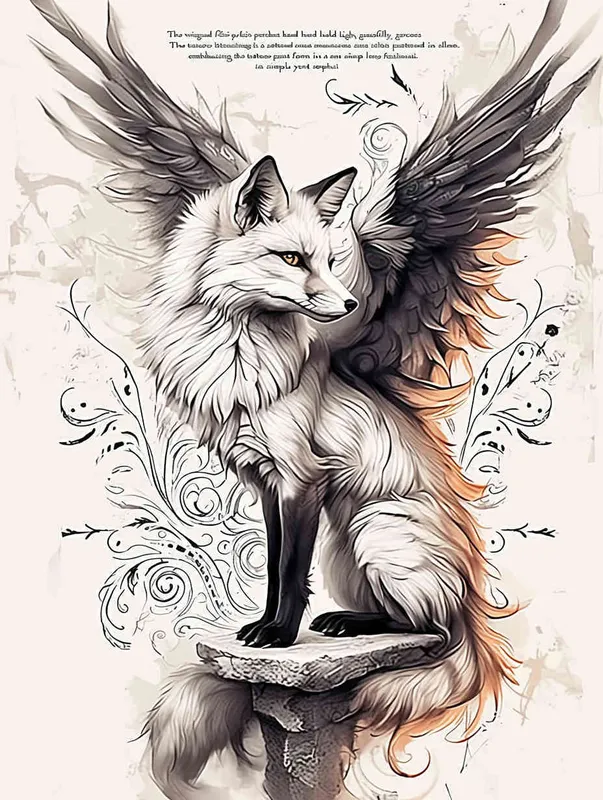 Fox with wings, sitting upright with head up, crouching on a stone, tattooed manuscript, ink style, flat style, tattoo pattern, clear lines, fox must be flat, freehand ink style, black and white - style3部分