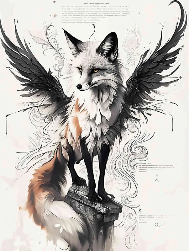 Fox with wings, sitting upright with head up, crouching on a stone, tattooed manuscript, ink style, flat style, tattoo pattern, clear lines, fox must be flat, freehand ink style, black and white - style4部分