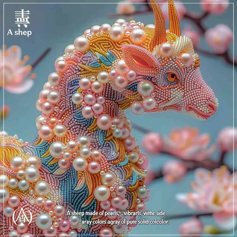 一只由珍珠串成的羊，羊的侧视图，珍珠颜色五颜六色的，纯色背景 - style4部分
