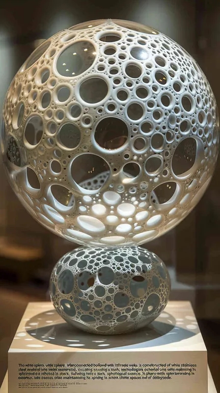 白色的球体，镂空的镂空的地方用蜘蛛网连接，白色不锈钢的材质，体现出科技冷感，要有球体感 – AI绘画作品展示 | Midjourney中文版生成