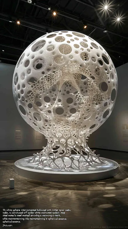 白色的球体，镂空的镂空的地方用蜘蛛网连接，白色不锈钢的材质，体现出科技冷感，要有球体感 - style2部分