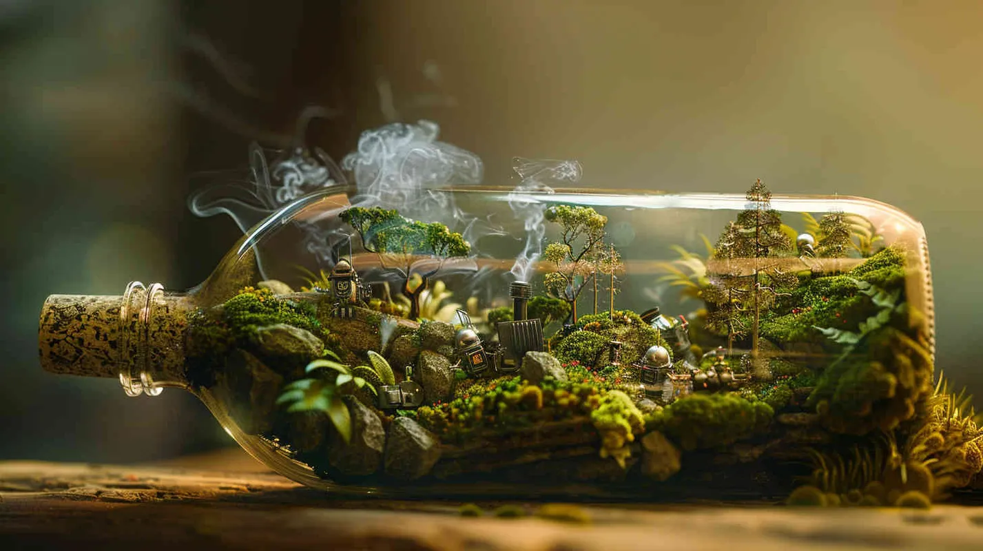 一个微景观艺术品，玻璃瓶内有苔藓和机器人，有烟雾，小溪，树木，写实质感，瓶子外部背景是纯色 - style1部分