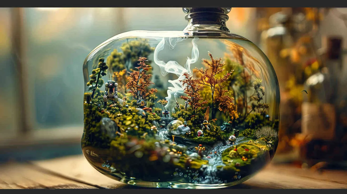 一个微景观艺术品，玻璃瓶内有苔藓和机器人，有烟雾，小溪，树木，写实质感，瓶子外部背景是纯色 - style4部分