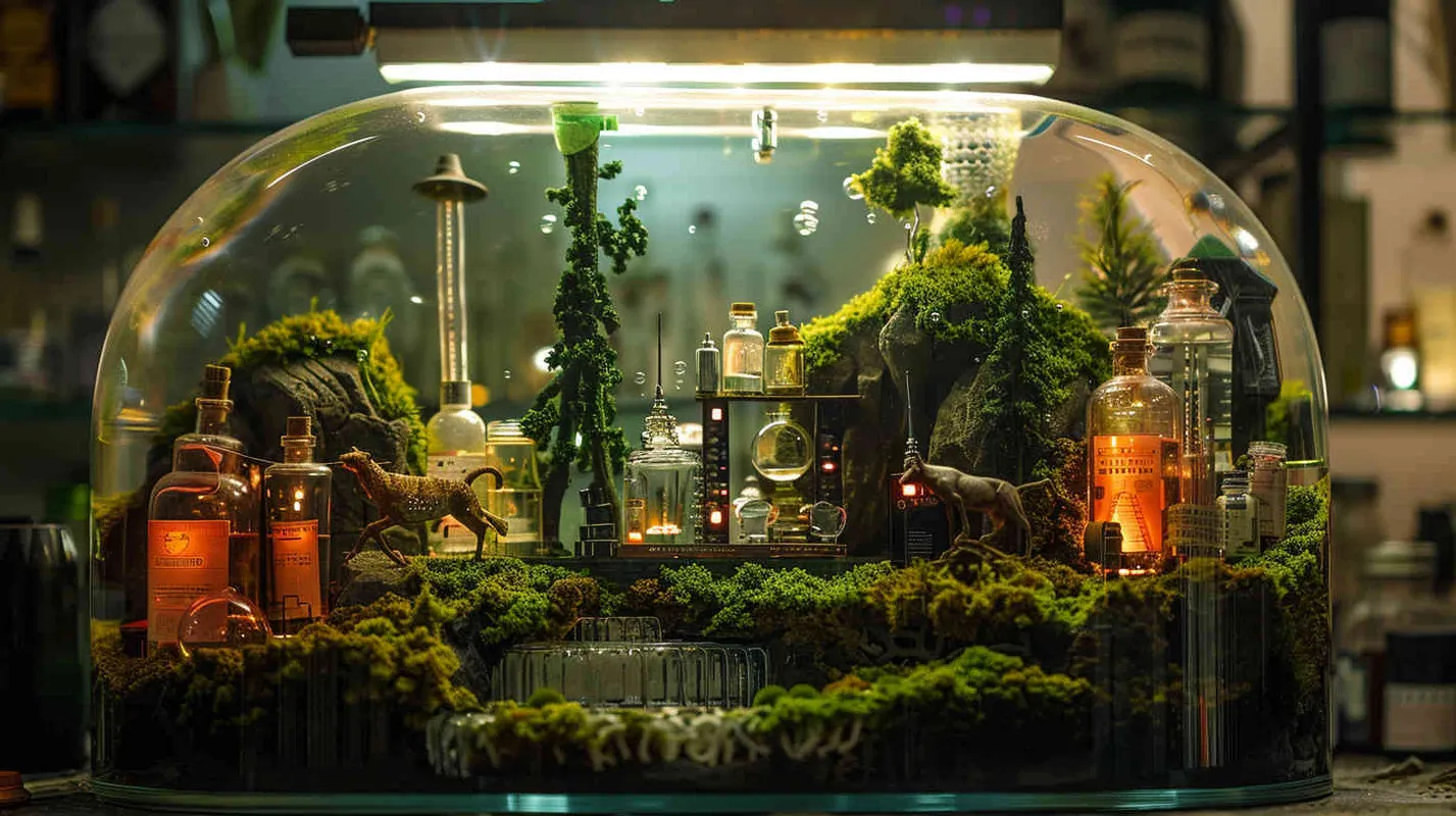 一个微景观艺术品，一个鱼缸里有一个赛博朋克街区，有机器人，苔藓，烟雾，森林，灯光点缀，狼，河流，写实感，瓶子很酷 - style2部分