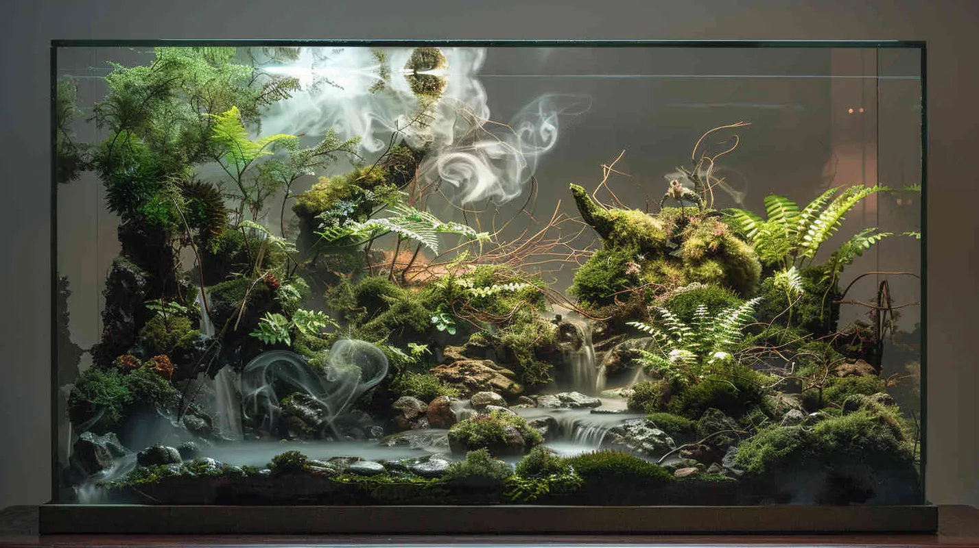 一个微景观艺术品，在一个玻璃容器里，有很多苔藓和蕨类植物，里边有很多小动物，烟雾和河流，石头和腐木，整体场景非常美丽，写实感，容器外边纯色背景 - style2部分