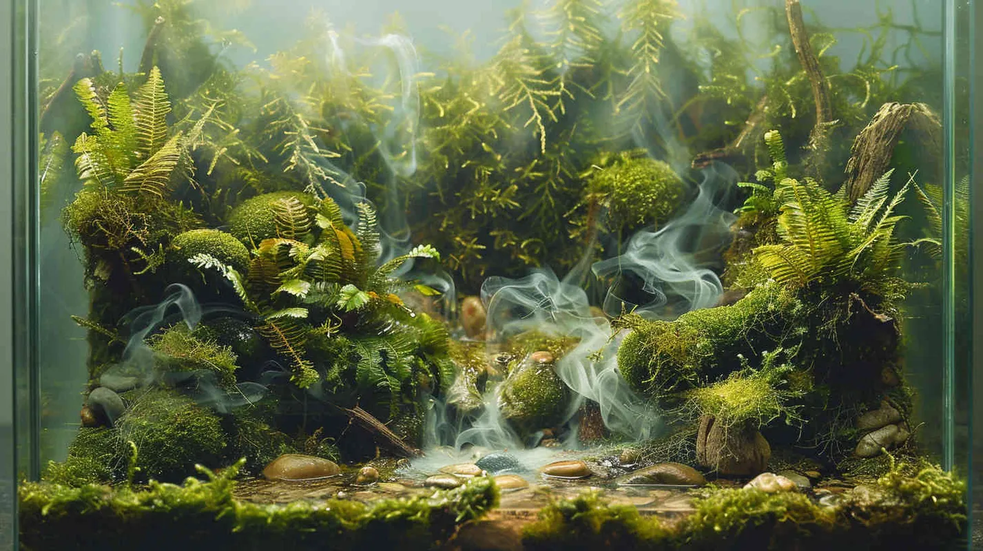 一个微景观艺术品，在一个玻璃容器里，有很多苔藓和蕨类植物，里边有很多小动物，烟雾和河流，石头和腐木，整体场景非常美丽，写实感，容器外边纯色背景 - style3部分