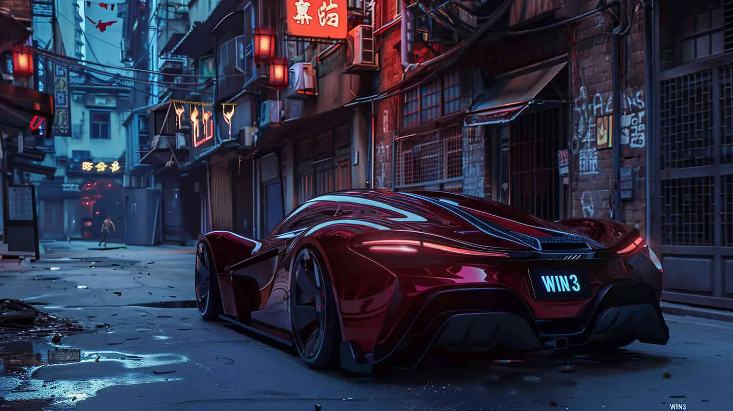一辆红色未来的超级跑车，车身上有非常酷炫的文字“WIN3