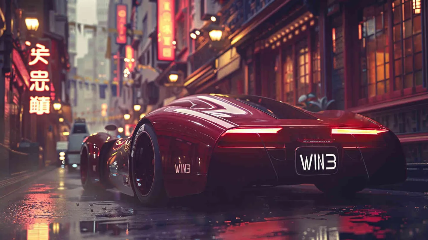 一辆红色未来的超级跑车，车身上有非常酷炫的文字“WIN3