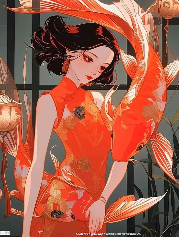 A woman wearing a qipao, holding a koi carp, illustrated in red - AI绘画作品展示 | Midjourney中文版生成