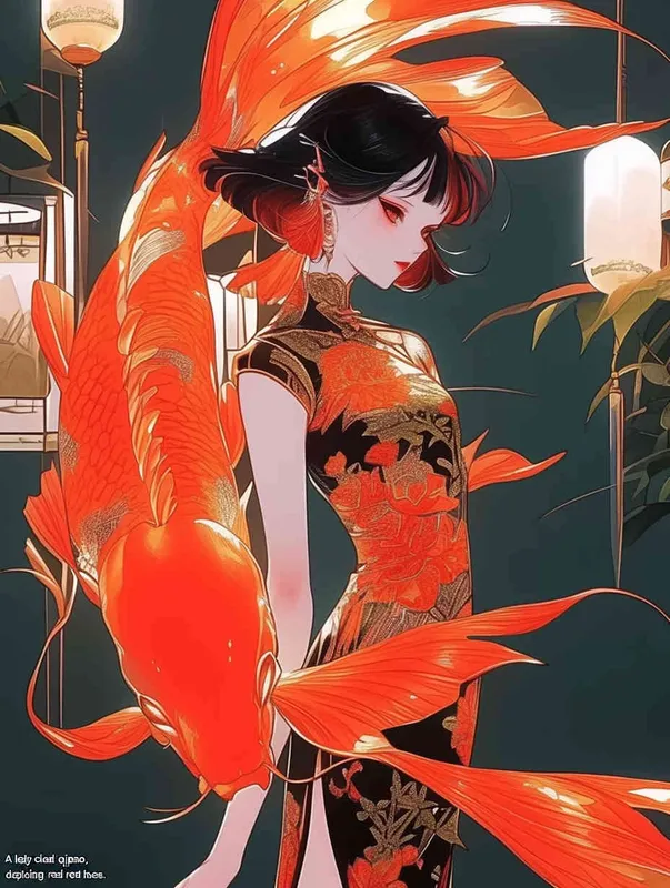 A woman wearing a qipao, holding a koi carp, illustrated in red - AI绘画作品展示 | Midjourney中文版生成