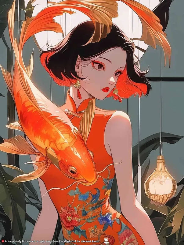 A woman wearing a qipao, holding a koi carp, illustrated in red - AI绘画作品展示 | Midjourney中文版生成