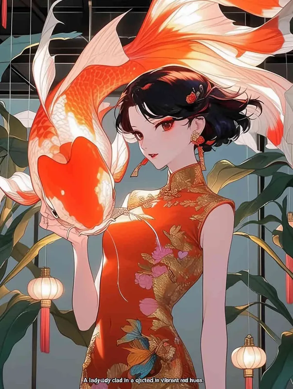 A woman wearing a qipao, holding a koi carp, illustrated in red - AI绘画作品展示 | Midjourney中文版生成
