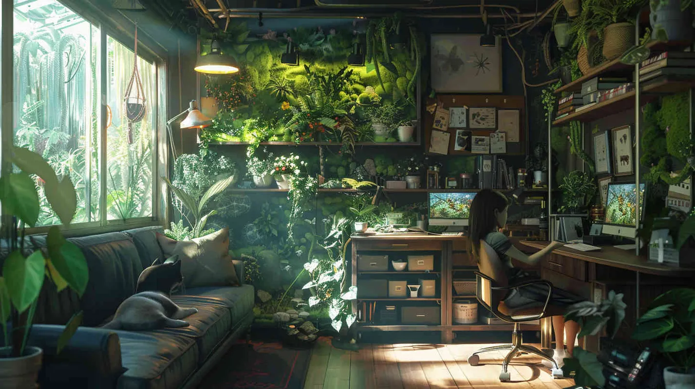 一个未来的植物工作室，一位姑娘在工作台做微景观，工作室是咖啡厅氛围和苔藓植物组成的风格，还有一只在沙发上睡觉的猫咪，环境非常舒适唯美 ，未来极简主义风格 – AI绘画作品展示 | Midjourney中文版生成