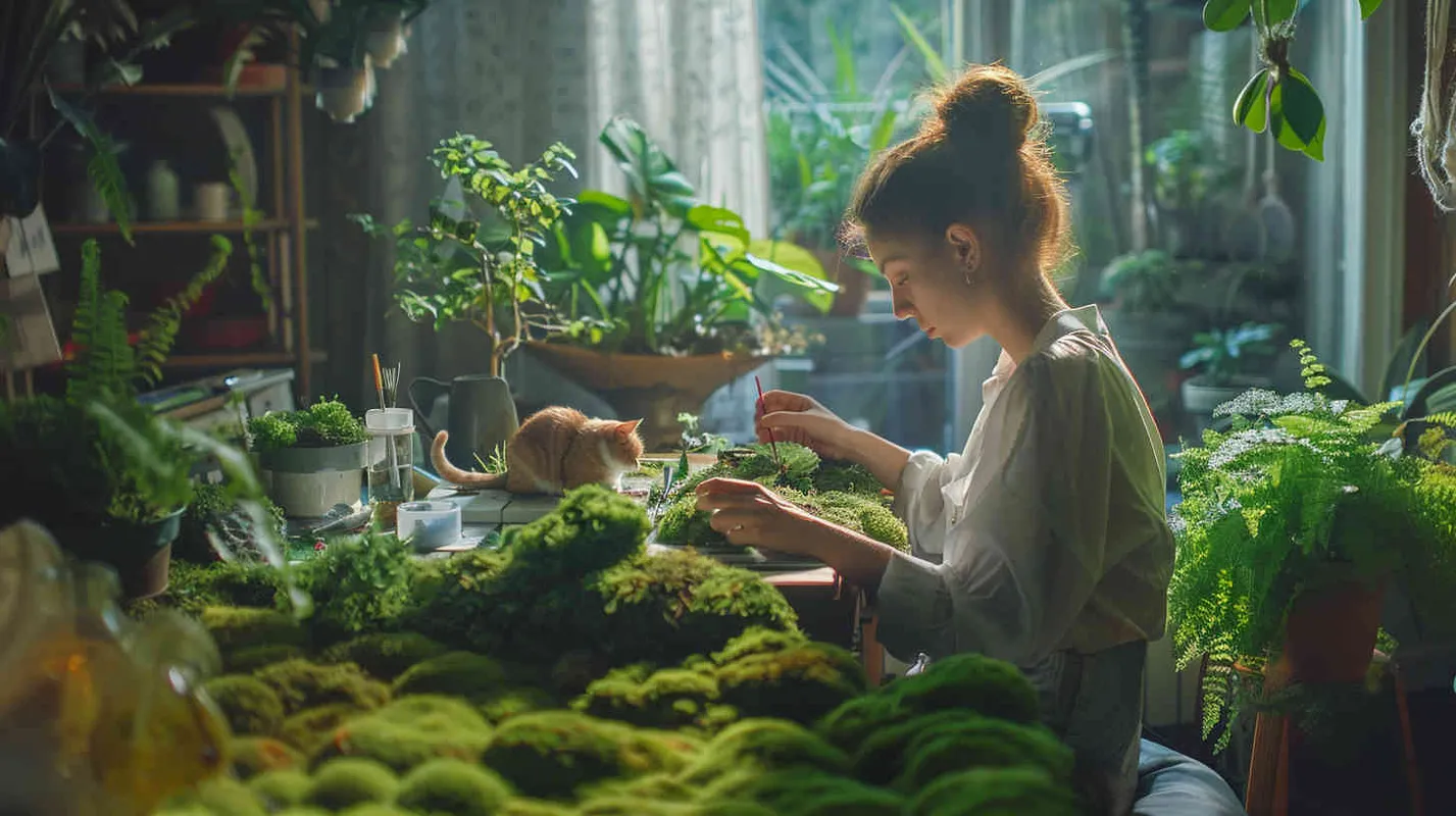 一个未来的植物工作室，一位姑娘在工作台做微景观，工作室是咖啡厅氛围和苔藓植物组成的风格，还有一只在沙发上睡觉的猫咪，环境非常舒适唯美 ，未来极简主义风格 - style2部分