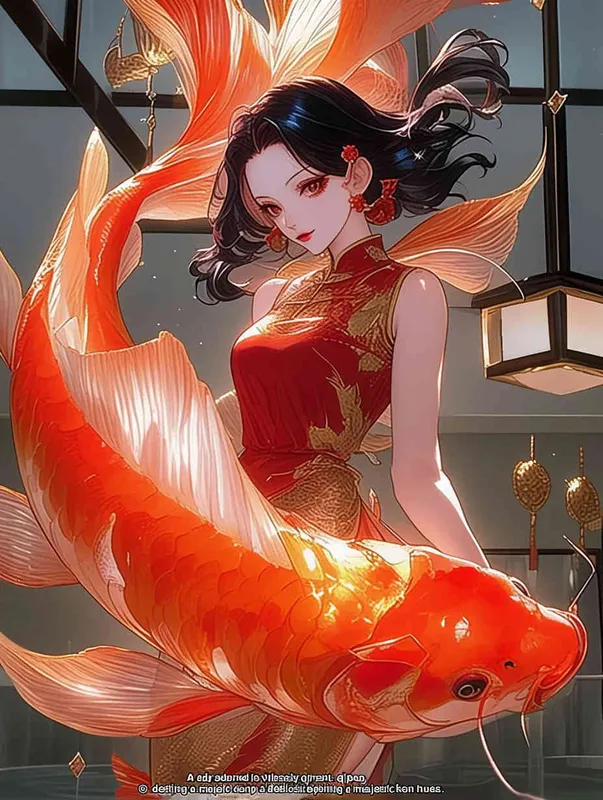 A woman wearing a qipao, holding a koi carp, illustrated in red - style1部分