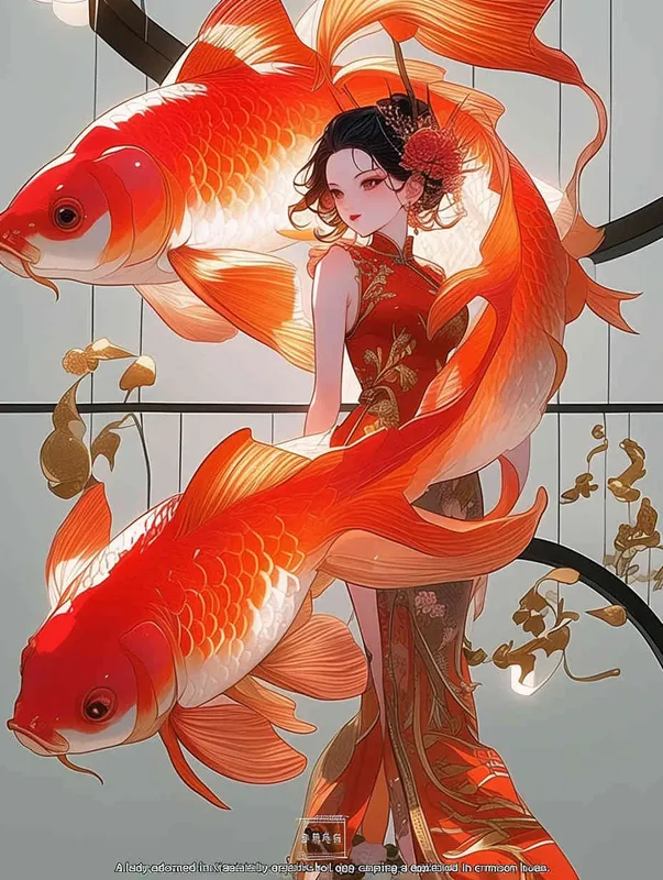 A woman wearing a qipao, holding a koi carp, illustrated in red - style2部分