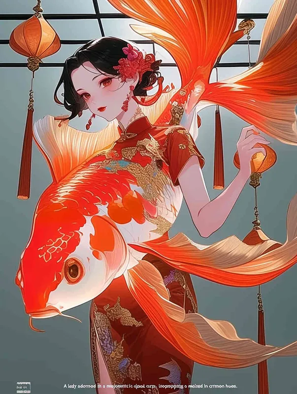 A woman wearing a qipao, holding a koi carp, illustrated in red - style3部分