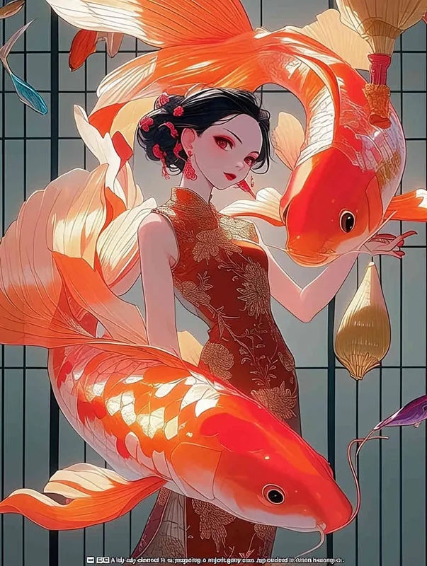 A woman wearing a qipao, holding a koi carp, illustrated in red - style4部分