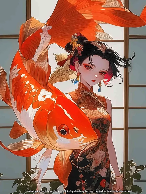A woman wearing a qipao, holding a koi carp, illustrated in red - style1部分