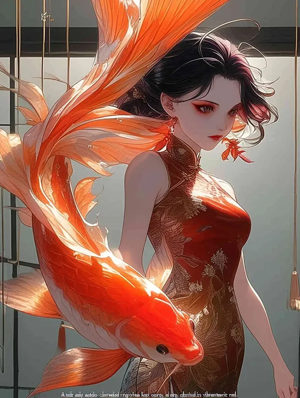 A woman wearing a qipao, holding a koi carp, illustrated in red - style3部分