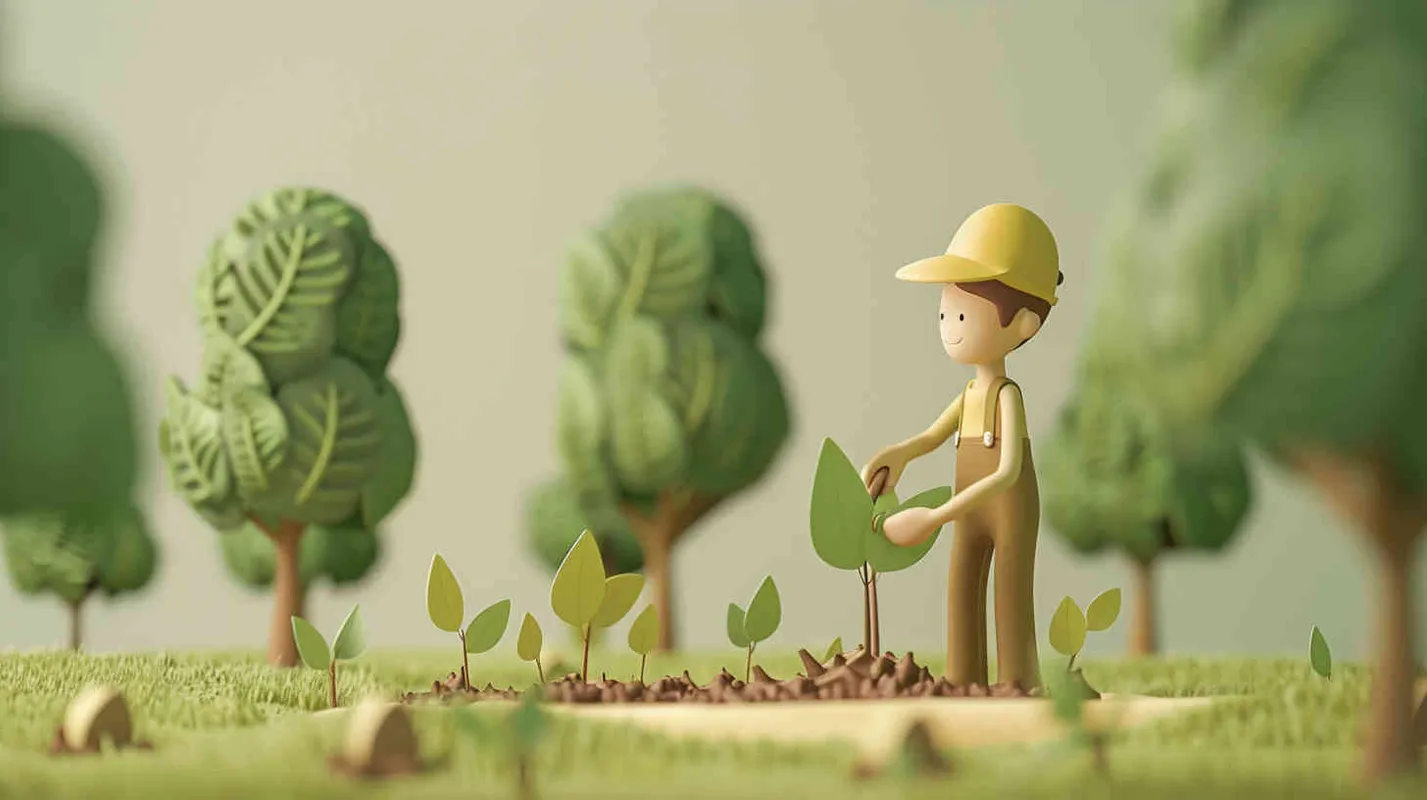 Arbor Day,A farmer planting trees, simple background, 3D style, simple details, simple illustration, simple lines and shapes, simple design, cute illustrations, soft gradient color scheme, solid color backgrounds, soft gradients, low saturation colors, low brightness, soft light, high quality, high resolution, best detail, best picture quality, best rendering, best resolution - style2部分