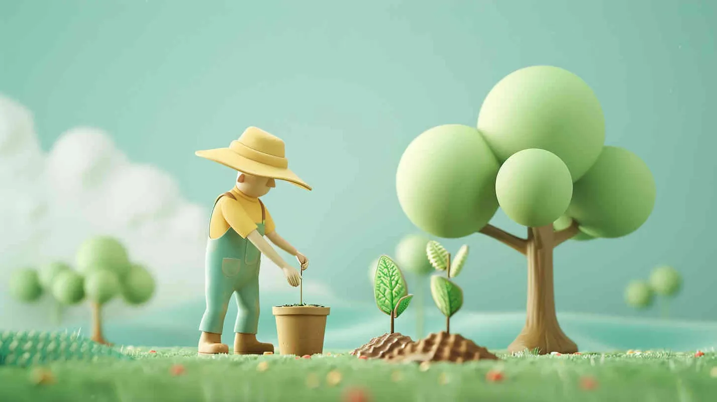 Arbor Day,A farmer planting trees, simple background, 3D style, simple details, simple illustration, simple lines and shapes, simple design, cute illustrations, soft gradient color scheme, solid color backgrounds, soft gradients, low saturation colors, low brightness, soft light, high quality, high resolution, best detail, best picture quality, best rendering, best resolution - style4部分