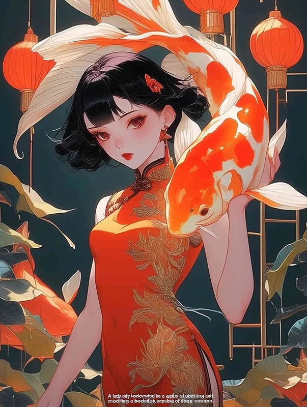 A woman wearing a qipao, holding a koi carp, with a red background - style1部分