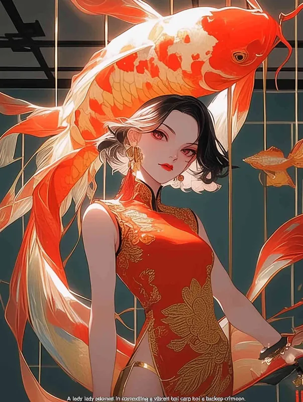 A woman wearing a qipao, holding a koi carp, with a red background - style2部分