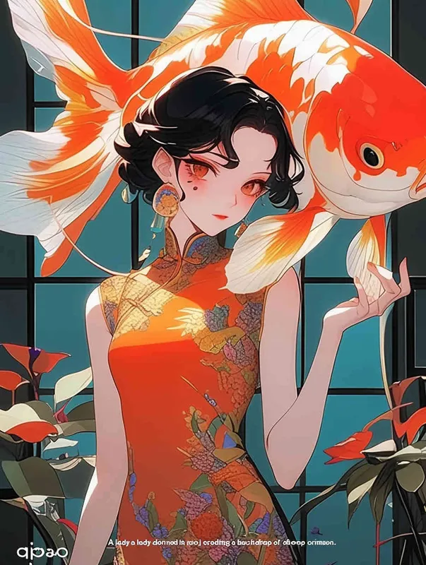 A woman wearing a qipao, holding a koi carp, with a red background - style3部分