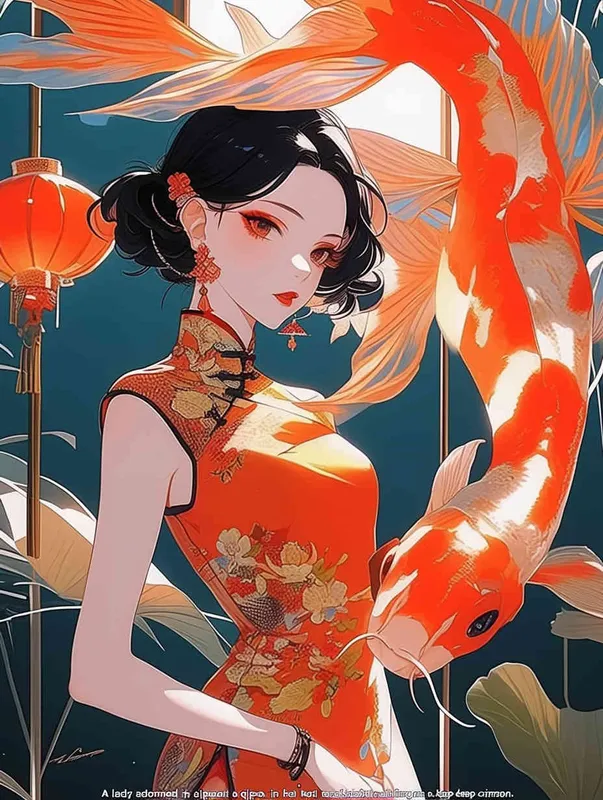 A woman wearing a qipao, holding a koi carp, with a red background - style4部分