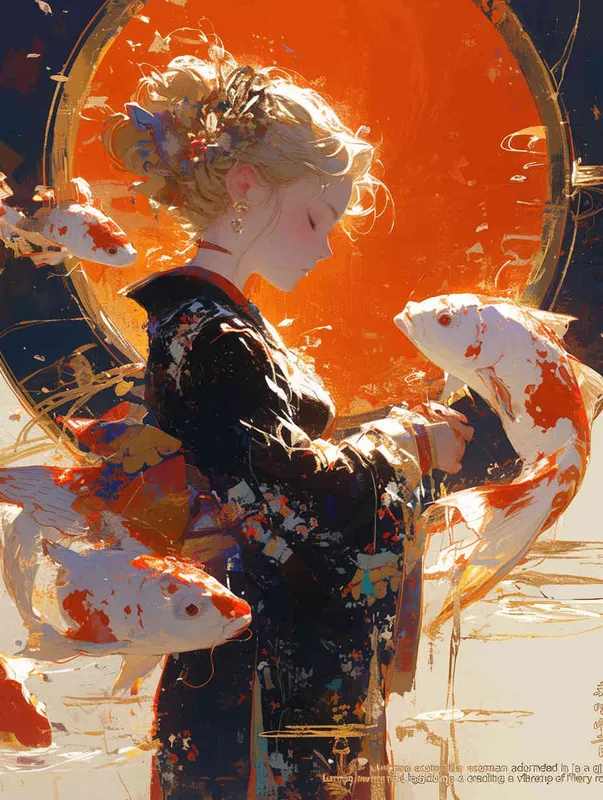 A woman wearing a qipao, holding a koi carp, with a red background - style2部分