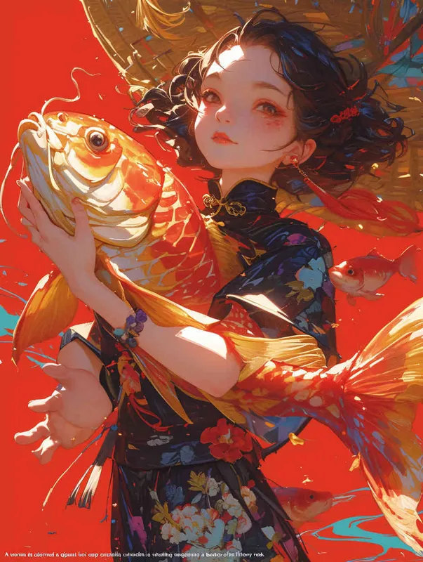 A woman wearing a qipao, holding a koi carp, with a red background - style3部分