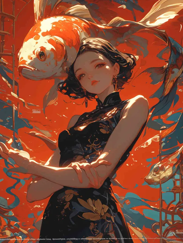 A woman wearing a qipao, holding a koi carp, with a red background - style4部分
