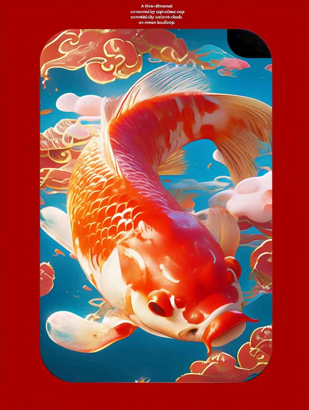 A three-dimensional red koi with a red background surrounded by blue auspicious clouds - style1部分