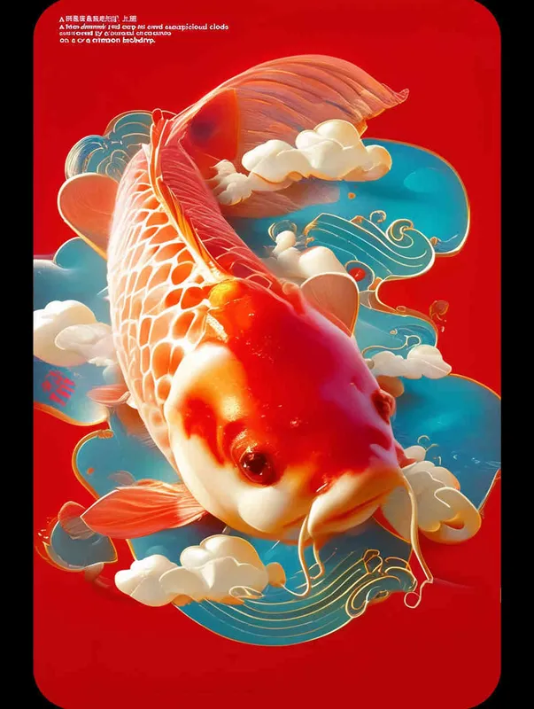 A three-dimensional red koi with a red background surrounded by blue auspicious clouds - style2部分