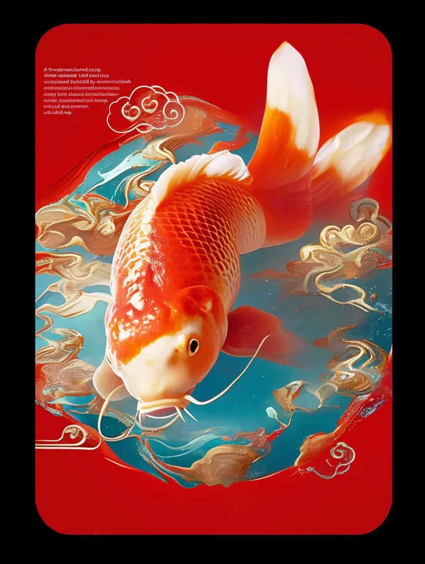 A three-dimensional red koi with a red background surrounded by blue auspicious clouds - style3部分