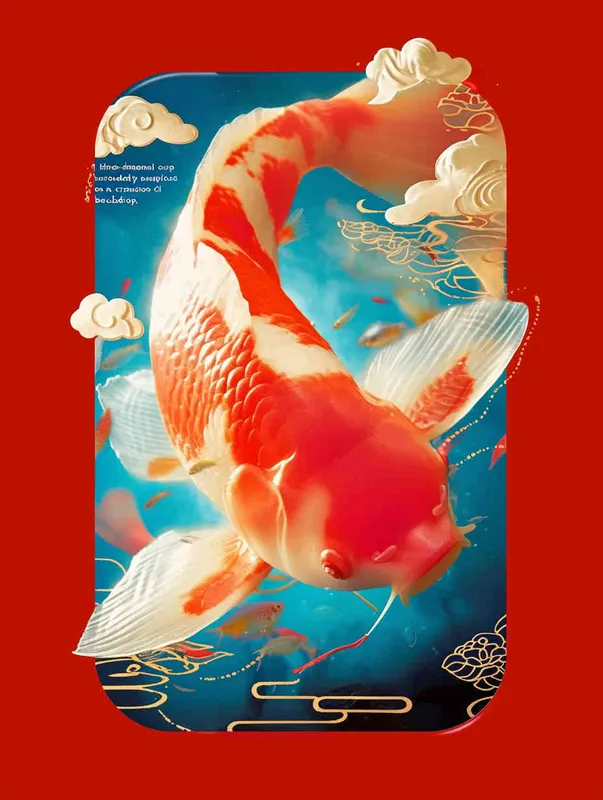 A three-dimensional red koi with a red background surrounded by blue auspicious clouds - style4部分